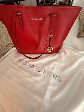 Michael Kors Red Leather Tote with Gold Logo Charm